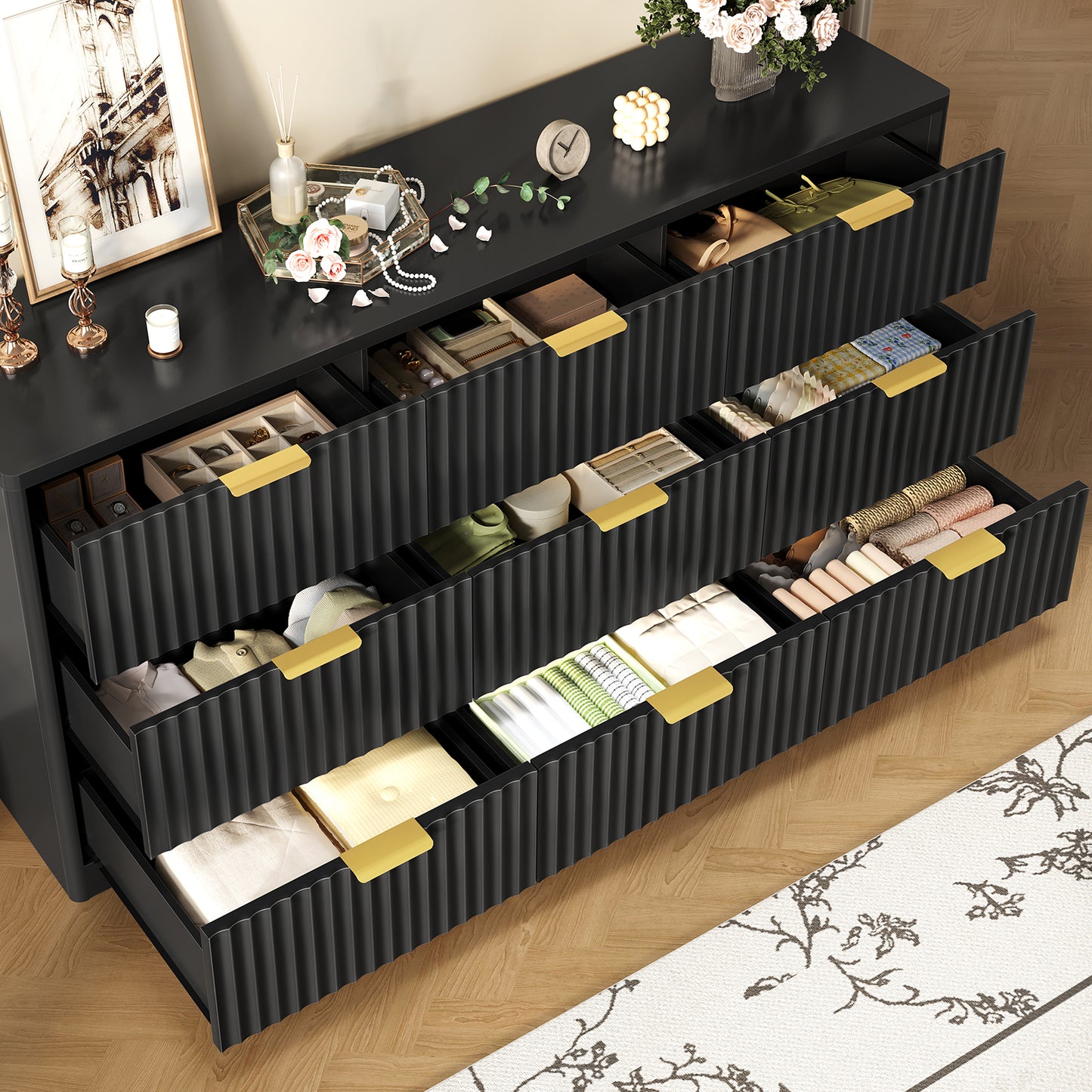 TEENFON Fluted Dresser for Bedroom with 9 Drawers, 63" Wide Modern Chest of Drawers with Metal Handle & Curved Profile Design, Wood Closet Clothes Storage Organizer for Living Room, Hallway, Black