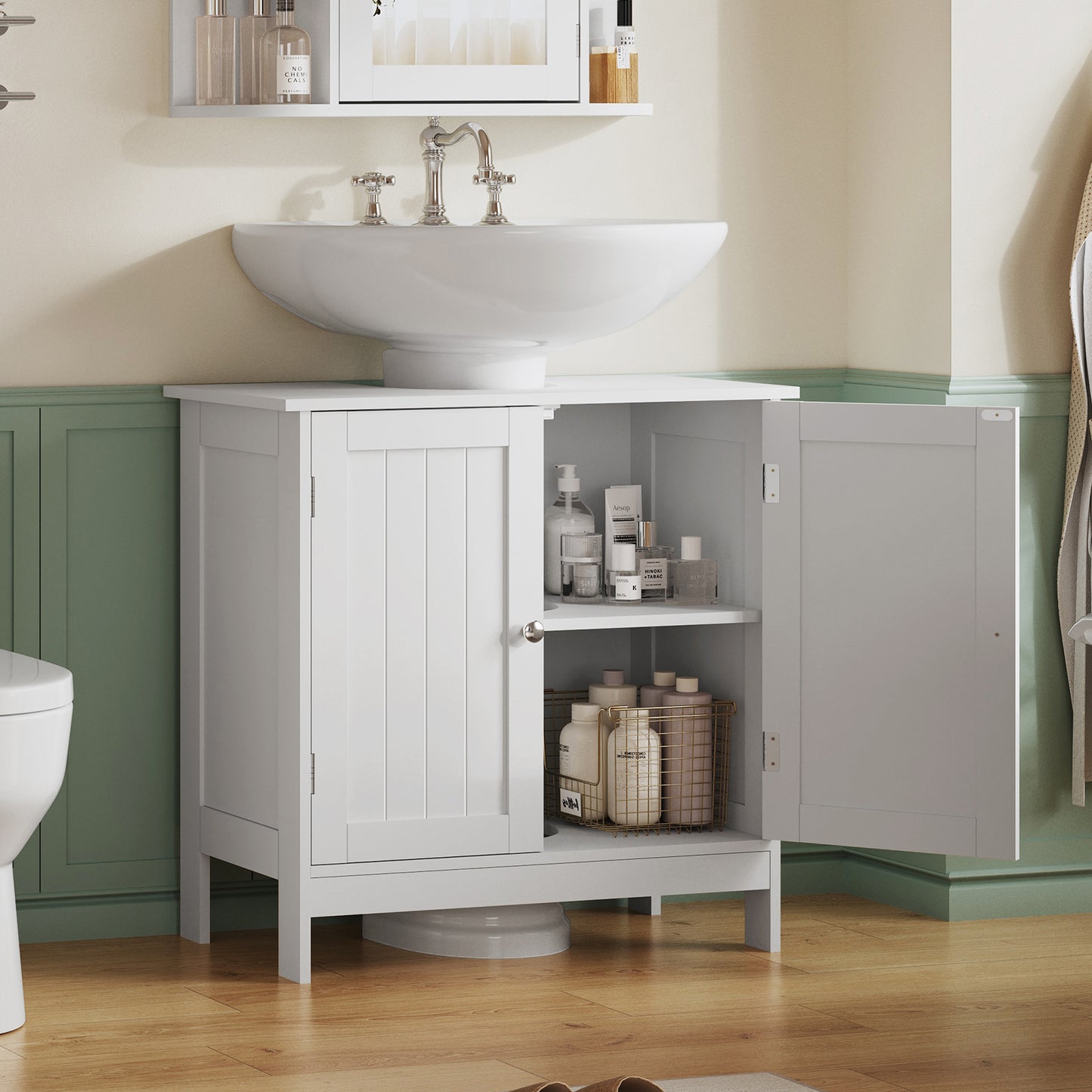 TEENFON Pedestal Sink Storage Cabinet with 2 Doors and Shelf, Under Sink Cabinet, Bathroom Sink Cabinet with U-Shape, White