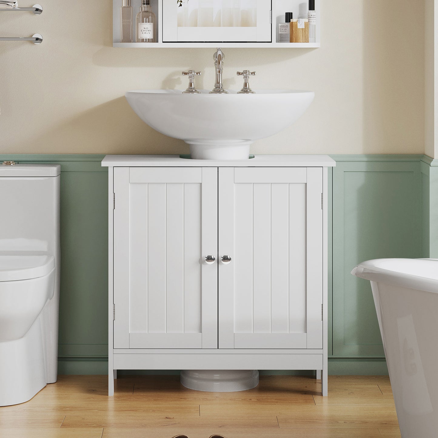 TEENFON Pedestal Sink Storage Cabinet with 2 Doors and Shelf, Under Sink Cabinet, Bathroom Sink Cabinet with U-Shape, White