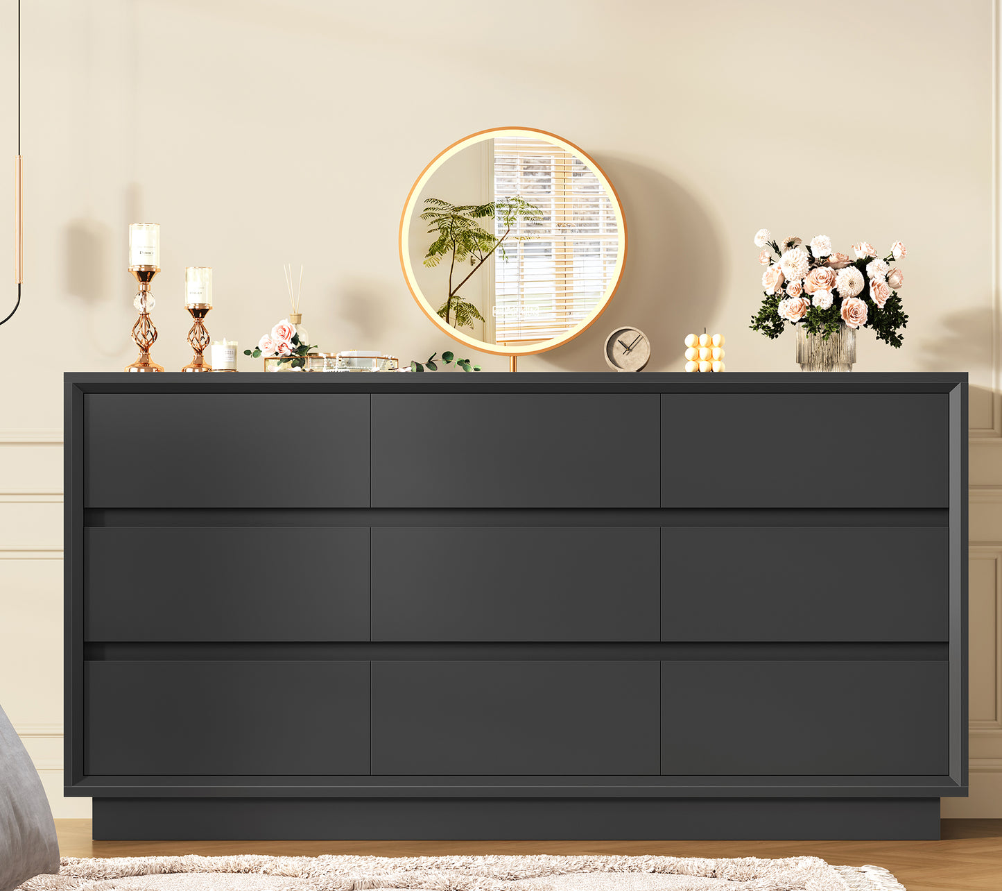TEENFON 63" Dresser for Bedroom with 9 Drawers, Black Dresser with Metal Slide, Bedroom Dressers, Wood Dressers & Chests of Drawers for Bedroom, Hallway, Black