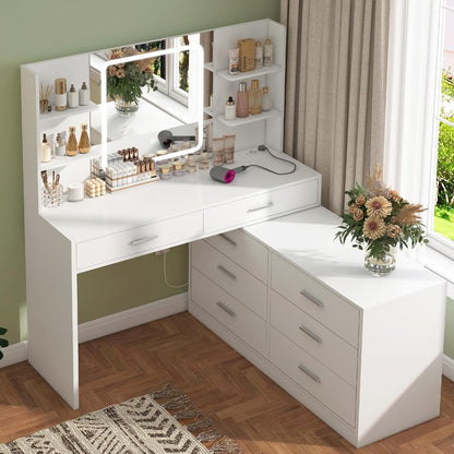 TEENFON Dressing Table with LED Light Mirror & Socket, 8 Drawers, 6 Shelves, 3 Colours with Adjustable Brightness, Vanity Corner Vanity, Change L-Shape, White