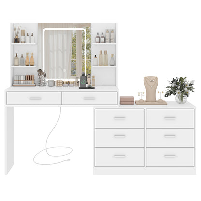 TEENFON Dressing Table with LED Light Mirror & Socket, 8 Drawers, 6 Shelves, 3 Colours with Adjustable Brightness, Vanity Corner Vanity, Change L-Shape, White