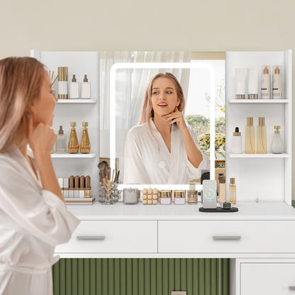 TEENFON Dressing Table with LED Light Mirror & Socket, 8 Drawers, 6 Shelves, 3 Colours with Adjustable Brightness, Vanity Corner Vanity, Change L-Shape, White