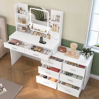 TEENFON Dressing Table with LED Light Mirror & Socket, 8 Drawers, 6 Shelves, 3 Colours with Adjustable Brightness, Vanity Corner Vanity, Change L-Shape, White