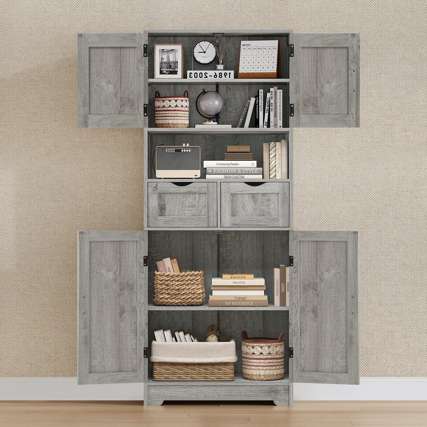 57.8" H Tall Storage Cabinet with 2 Drawers & 2 Adjustable Shelves, Floor Cabinet with 4 Doors, Tall Cabinet for Living Room, Dining Room, Entryway, Black