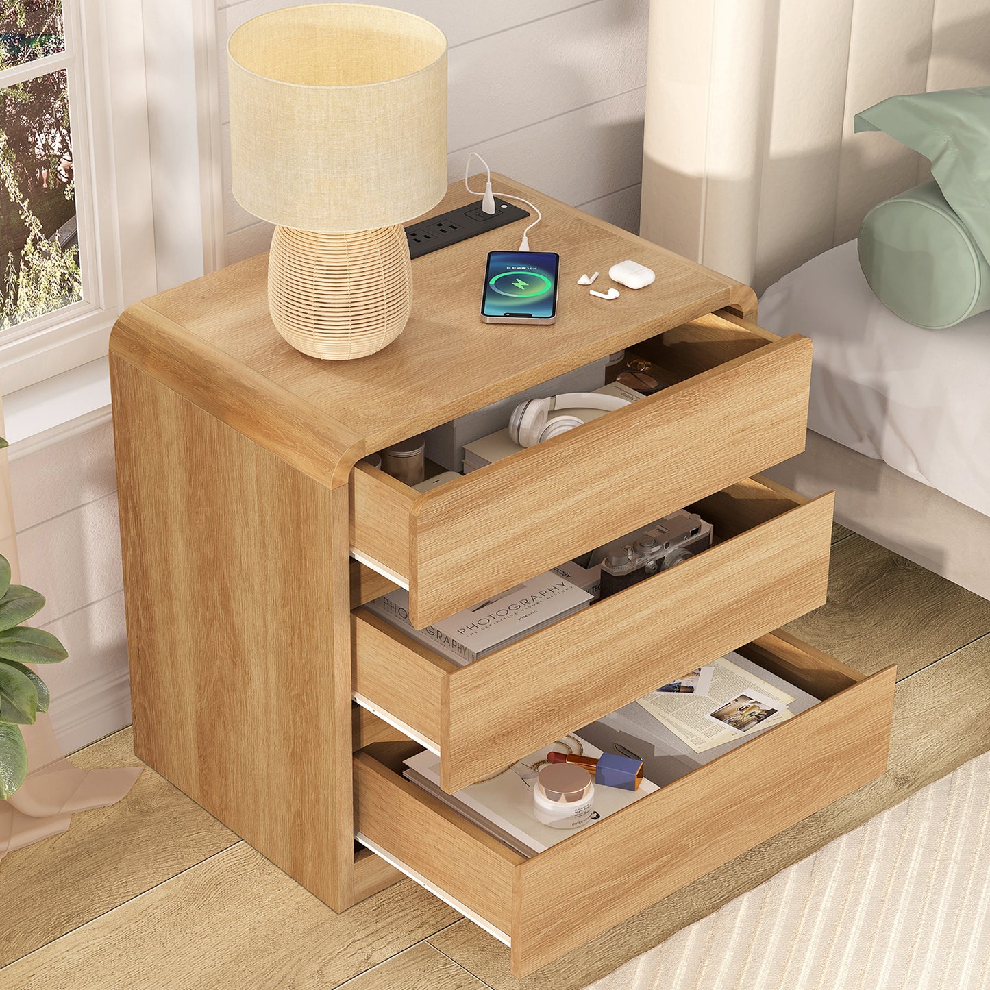 TEENFON Bridge Night Stand with Spacious Drawer, Nightstand for Bedroom, Sindoori Mango Finish