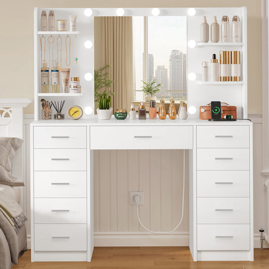 TEENFON Grande Coiffeuse avec Miroir et Lumière LED, 3 Couleurs Réglables,Table de Maquillage avec 11 Tiroirs, 4 Étagères et 5 Crochets, Coiffeuse Moderne, Blanc