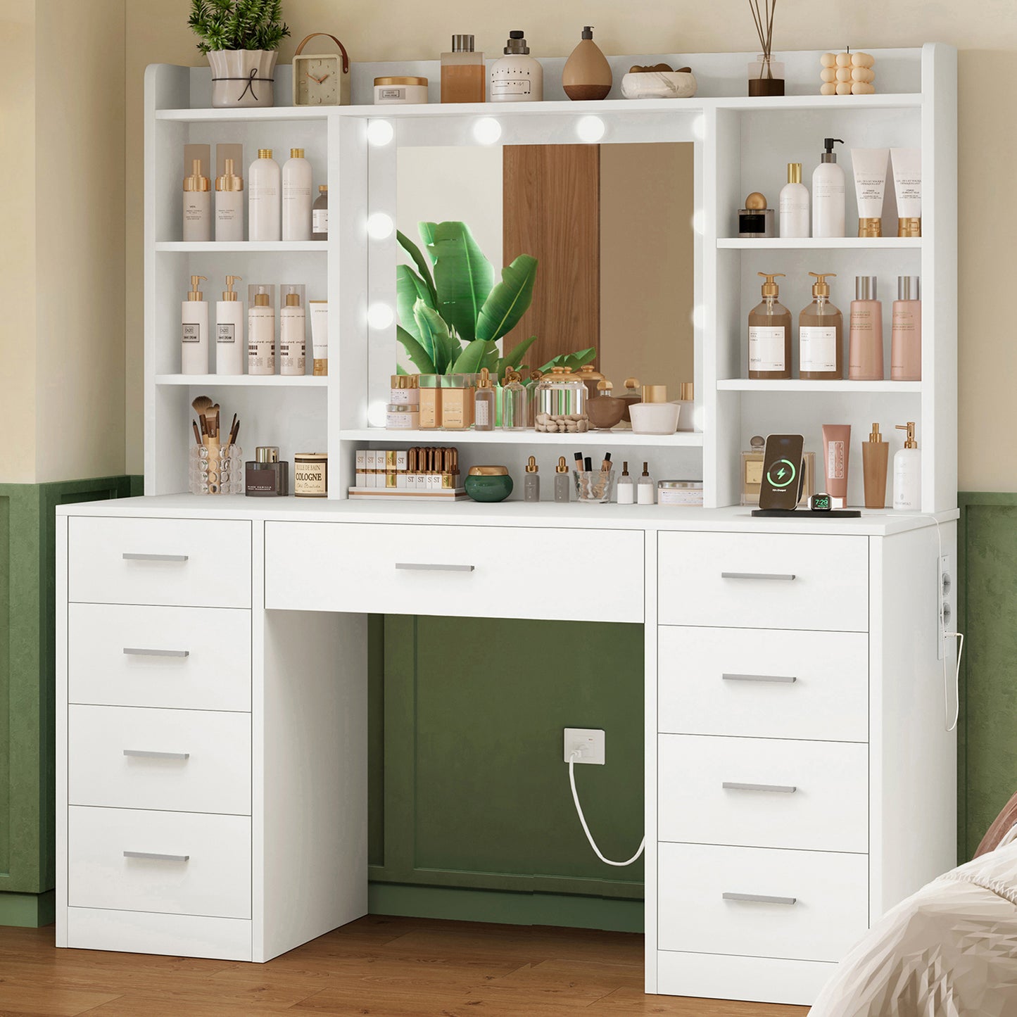TEENFON Large Makeup Vanity with Mirror, 3 Color LED Lights and Adjustable Brightness, Makeup Table with Plugs, Drawers, Open Shelves, White, 9 Drawers and 6 Open Shelves
