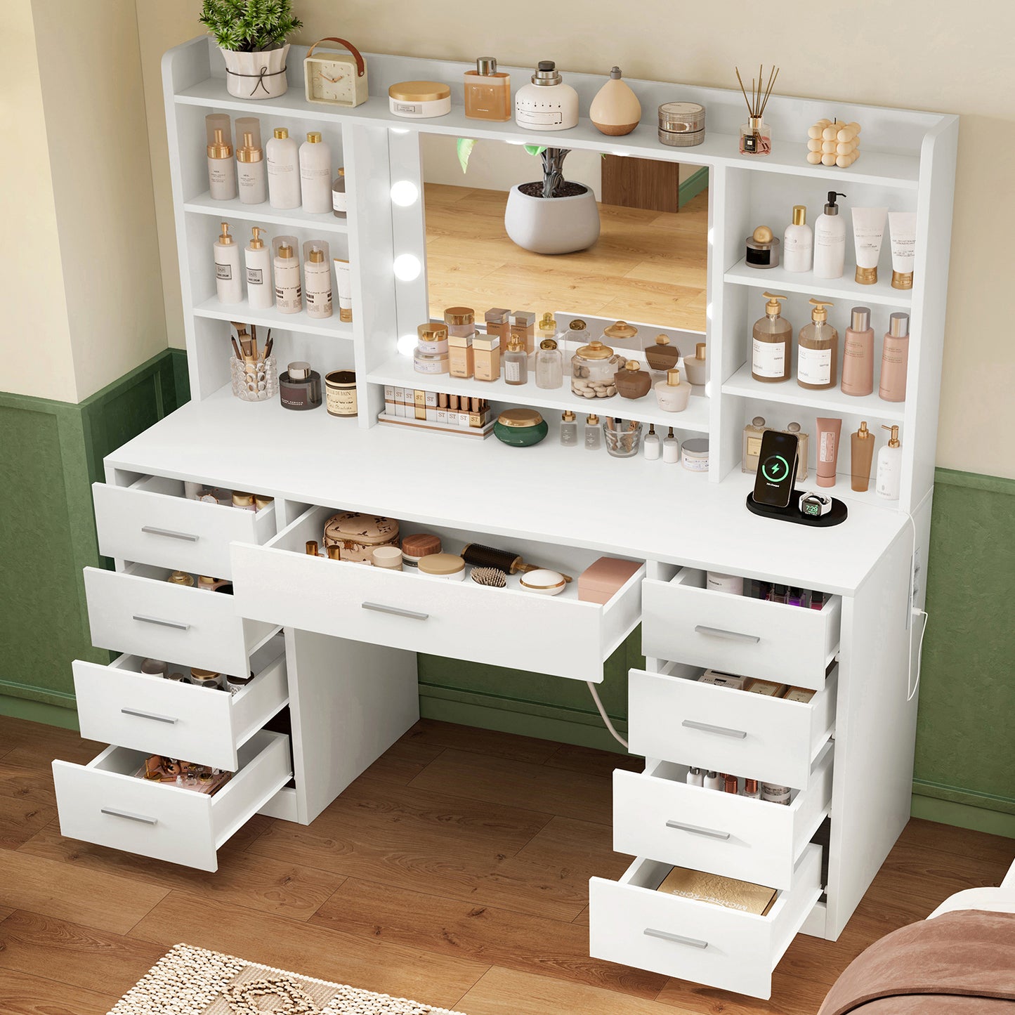 TEENFON Large Makeup Vanity with Mirror, 3 Color LED Lights and Adjustable Brightness, Makeup Table with Plugs, Drawers, Open Shelves, White, 9 Drawers and 6 Open Shelves