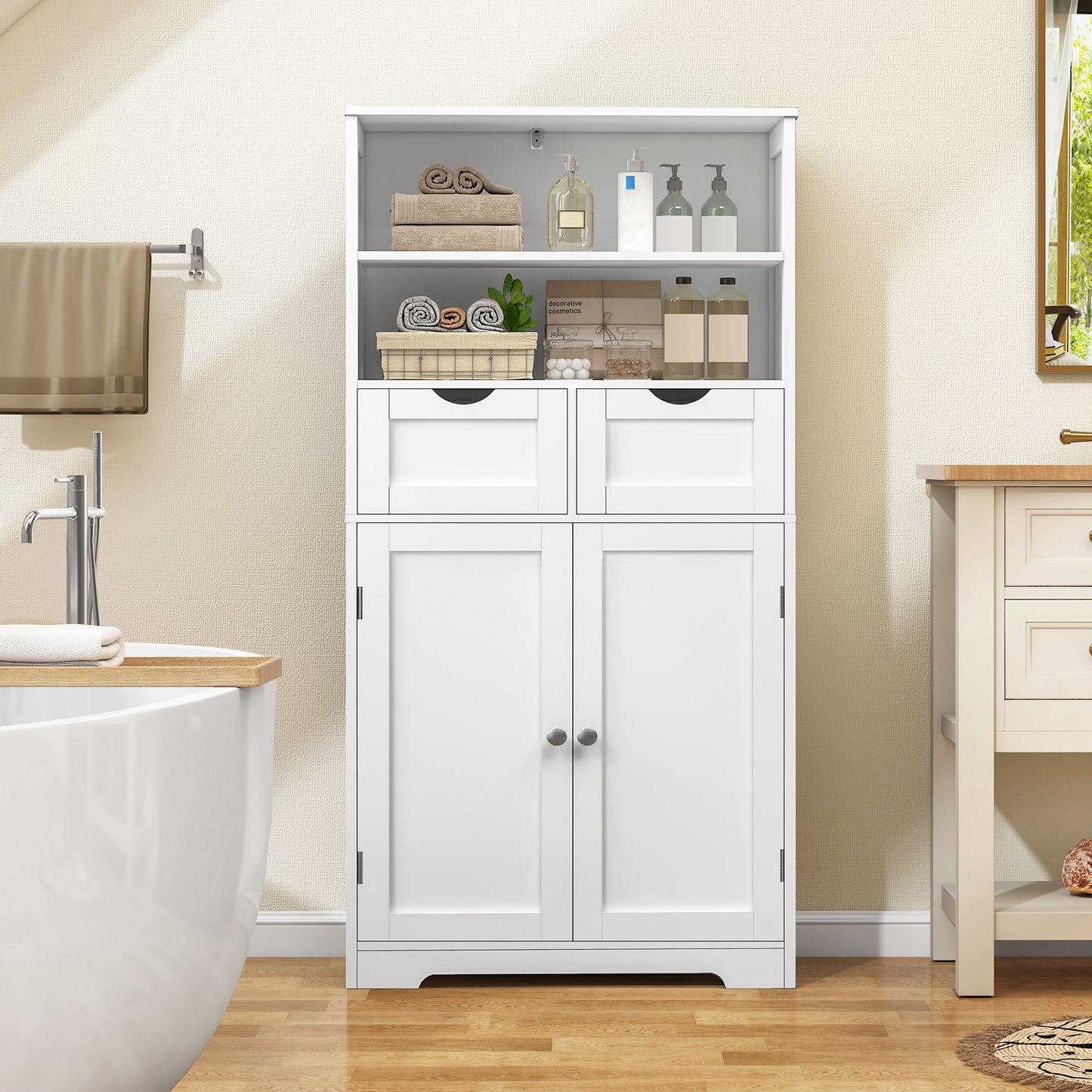 TEENFON Tall Bathroom Cabinet, Storage Cabinet with 2 Drawers & Adjustable Shelves, Bathroom Storage Cabinet for Living Room, Dining Room, Entryway, White