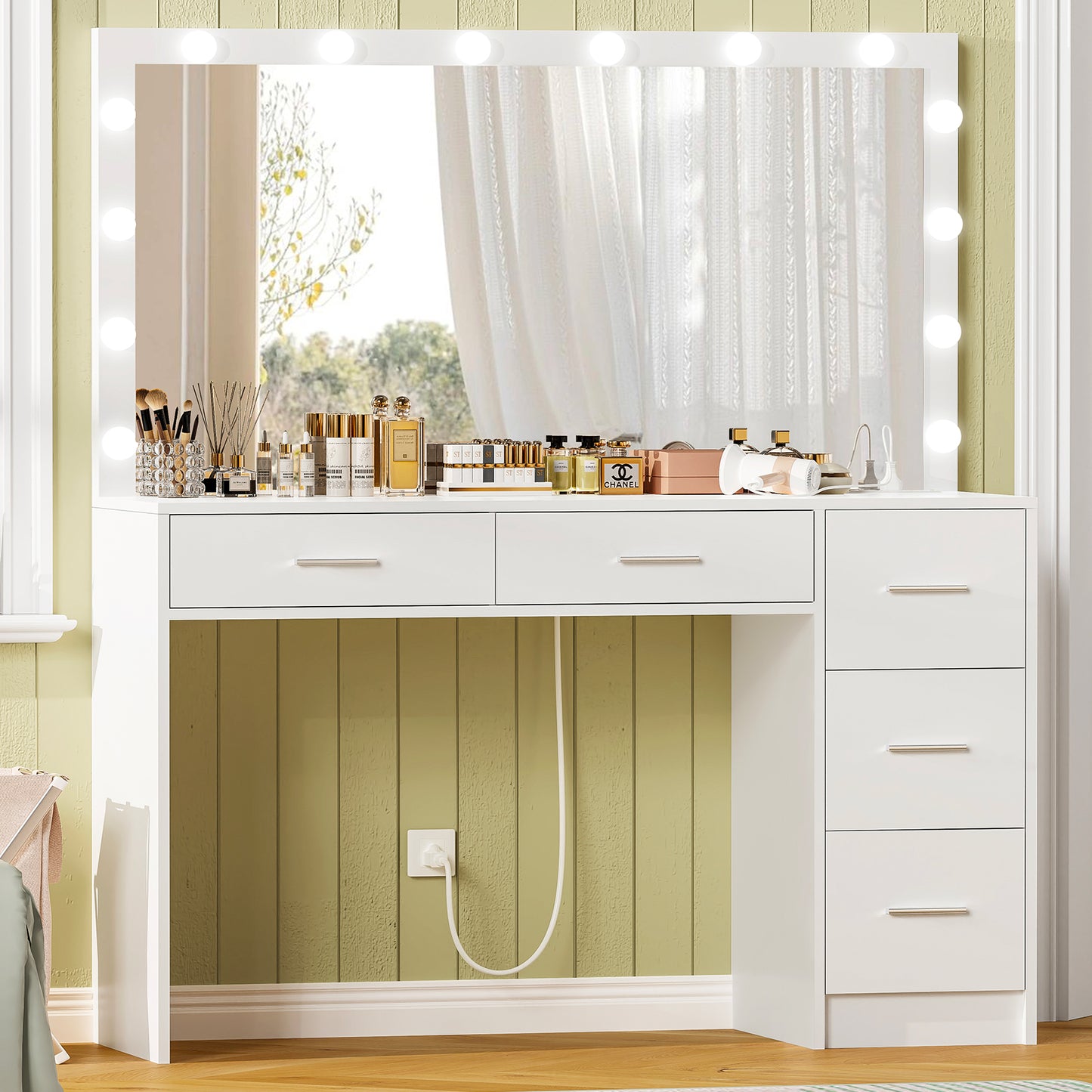 TEENFON 47.2" Large Vanity Desk with Mirror & 14 LED Lights, Makeup Vanity Table with 5 Drawers & Charging Station, Makeup Vanity Desk, 3 Lighting Colors, Dressing Vanity Table for Bedroom