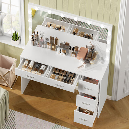 TEENFON 47.2" Large Vanity Desk with Mirror & 14 LED Lights, Makeup Vanity Table with 5 Drawers & Charging Station, Makeup Vanity Desk, 3 Lighting Colors, Dressing Vanity Table for Bedroom