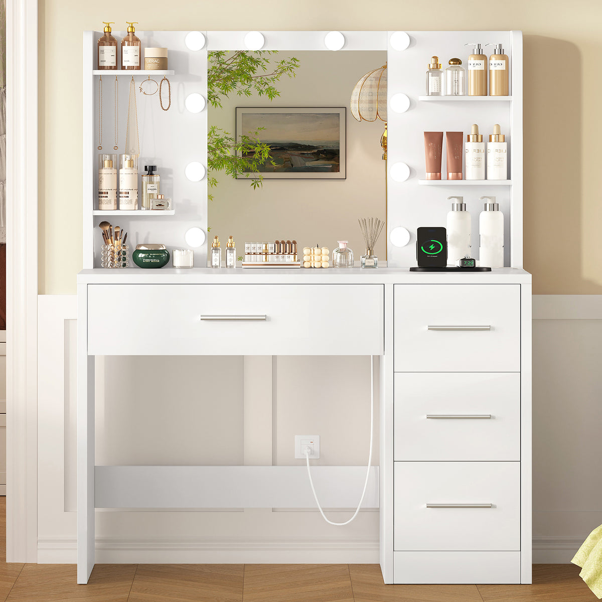 TEENFON Vanity Desk with Mirror and Lights, Makeup Vanity with Power Outlet and 4 Drawers & 6 Shelves & 5 Hooks, 3 Color Modes & Adjustable Brightness, White Vanity for Bedroom