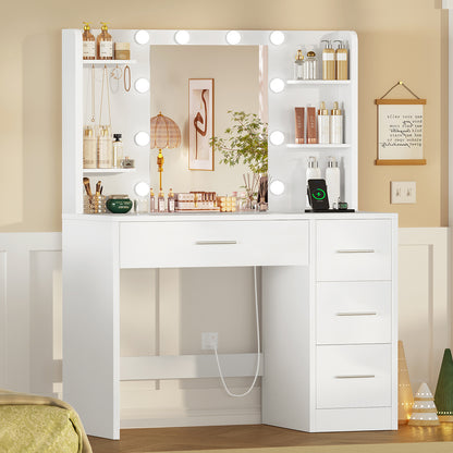 TEENFON Vanity Desk with Mirror and Lights, Makeup Vanity with Power Outlet and 4 Drawers & 6 Shelves & 5 Hooks, 3 Color Modes & Adjustable Brightness, White Vanity for Bedroom