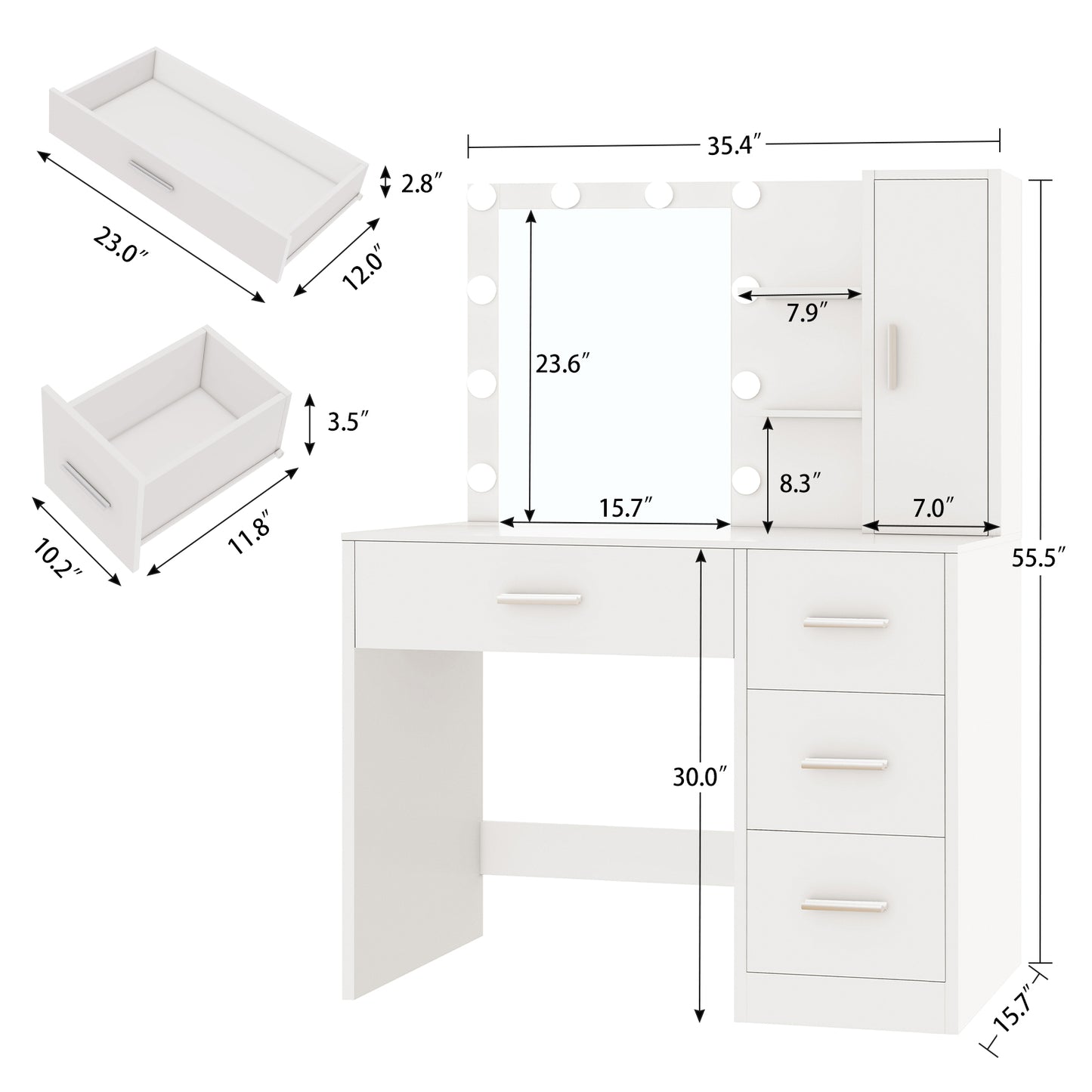 TEENFON Makeup Vanity with Lights, Vanity Desk with Mirror and 10 LED Lights, White Table with 4 Drawers, Cabinet & 4 Necklace Hooks, Dressing Table for Bedroom,Grils Vanity, White