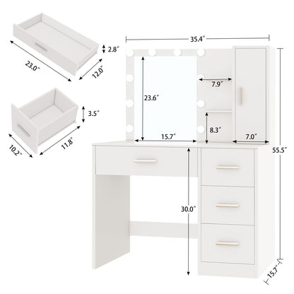 TEENFON Makeup Vanity with Lights, Vanity Desk with Mirror and 10 LED Lights, White Table with 4 Drawers, Cabinet & 4 Necklace Hooks, Dressing Table for Bedroom,Grils Vanity, White