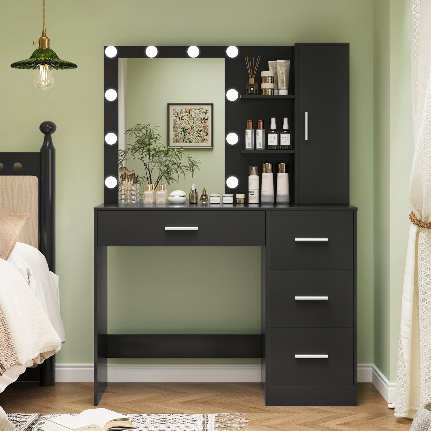 TEENFON Makeup Vanity with Lights, Vanity Desk with Mirror and 10 LED Lights, White Table with 4 Drawers, Cabinet & 4 Necklace Hooks, Dressing Table for Bedroom,Grils Vanity, White