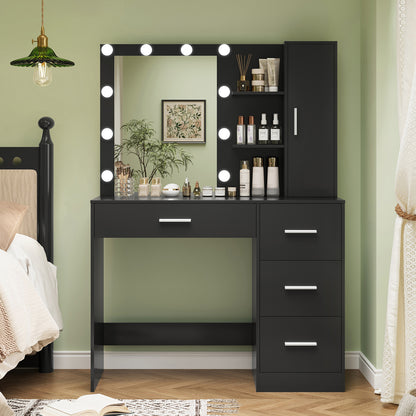TEENFON Makeup Vanity with Lights, Vanity Desk with Mirror and 10 LED Lights, White Table with 4 Drawers, Cabinet & 4 Necklace Hooks, Dressing Table for Bedroom,Grils Vanity, White