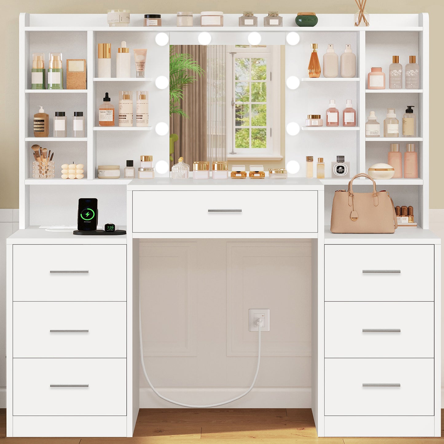 47.2” Large Vanity Desk with LED Lighted Mirror & Power Outlet, Makeup Vanity Desk with 7 Drawers and Lots Open Shelves, White Vanity for Girls, for Bedroom