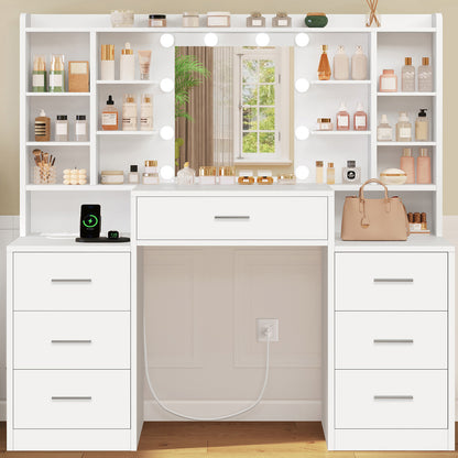47.2” Large Vanity Desk with LED Lighted Mirror & Power Outlet, Makeup Vanity Desk with 7 Drawers and Lots Open Shelves, White Vanity for Girls, for Bedroom