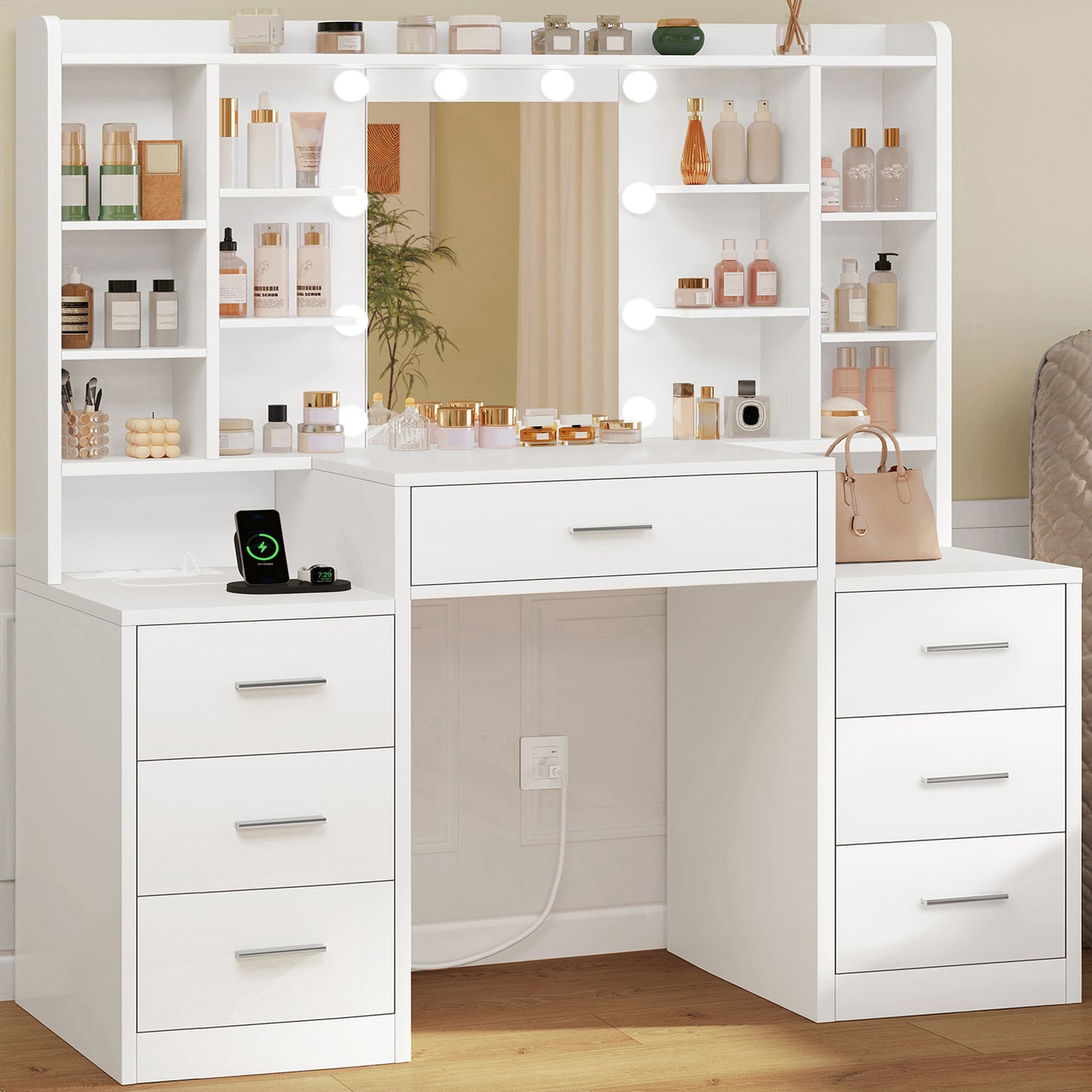 47.2” Large Vanity Desk with LED Lighted Mirror & Power Outlet, Makeup Vanity Desk with 7 Drawers and Lots Open Shelves, White Vanity for Girls, for Bedroom