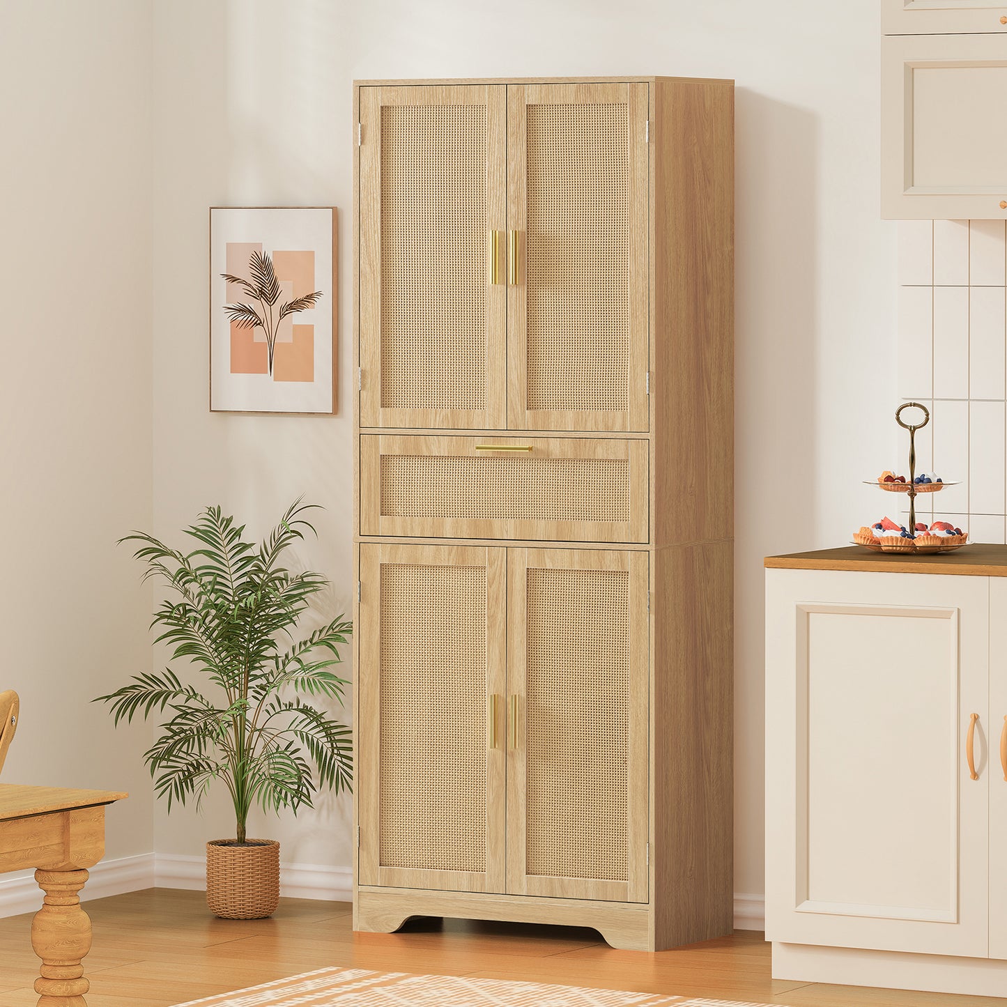 TEENFON Tall Storage Cabinet with 2 Adjustable Shelves & Large Drawer, Rattan Cabinet with 4 Doors, Pantry Cabinets for Dining Room, Living Room, Home Office, Natural