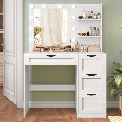TEENFON Vanity Desk with Mirror and 10 LED Lights, Makeup Vanity Table Set with 4 Drawers, Make Desk Dressing Table with 2 Storage Shelves, Vanity Set 3 Lighting Modes for Bedroom, Girls Vanity,White
