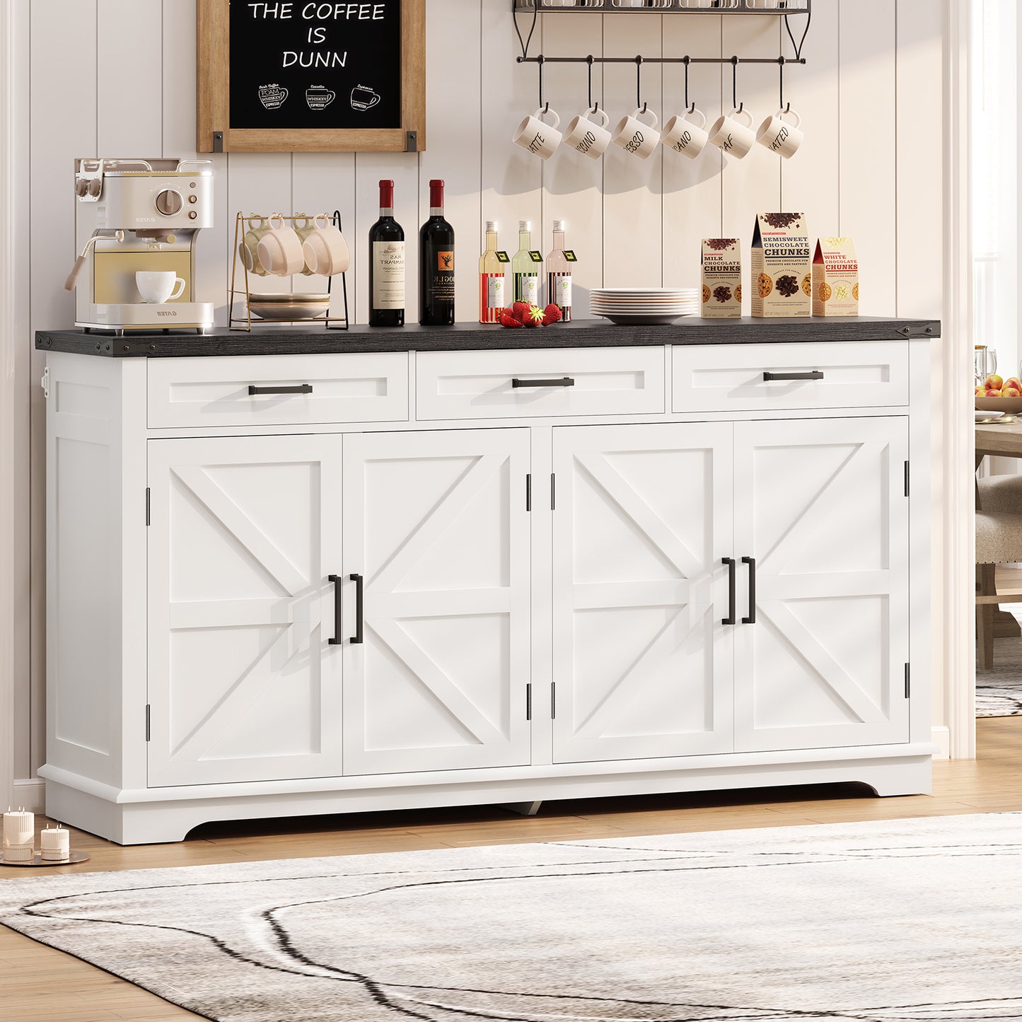 TEENFON 61" Farmhouse Buffet Cabinet with 2 Adjustable Shelves, Sideboard with 3 Drawers & 4 Doors, Rustic Storage Cabinet, Coffee Bar for Kitchen, Entryway, White