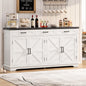 TEENFON 61" Farmhouse Buffet Cabinet with 2 Adjustable Shelves, Sideboard with 3 Drawers & 4 Doors, Rustic Storage Cabinet, Coffee Bar for Kitchen, Entryway, White