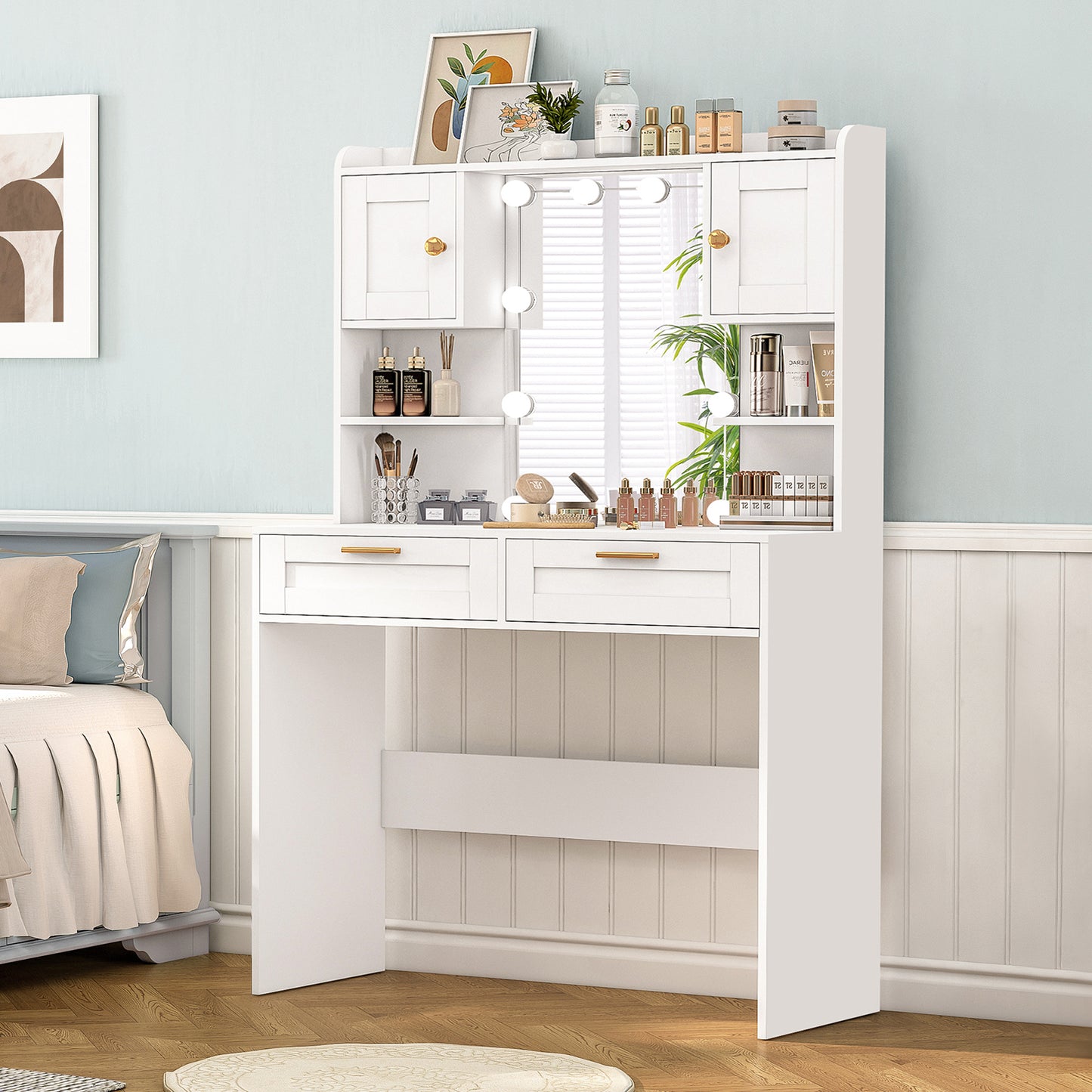 FIONESO Toeletta con Luci, Luminosità Regolabile, Toeletta Trucco con Specchio e 2 Cassetti, 2 Armadi e 2 Ripiani, Postazione Trucco, Moderno, Bianco