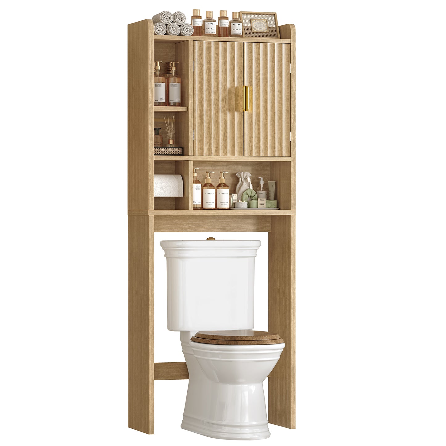 TEENFON Over The Toilet Storage Cabinet with 4 Open Shelves and Adjustable Shelf, Extra Tall Bathroom Organizer Unit with 2 Barn Doors, Home Space Saver for Bathroom, Laundry Room, White