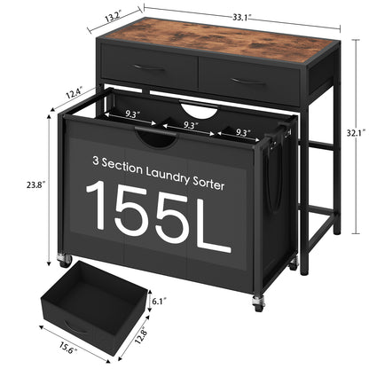Laundry Sorter 3 Section with Tabletop & 2 Drawers, Rolling Laundry Hamper with Pull-Out and Removable Bags, Laundry Basket Organizer with Wheels and Shelf, Metal Frame Rustic Brown for Laundry Room