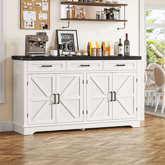 TEENFON 55”W Buffet Cabinet with 3 Large Drawers & 2 Adjustable Shelves, Modern Farmhouse Sideboard Buffet Cabinet with Storage, Credenza, Coffee Bar, White