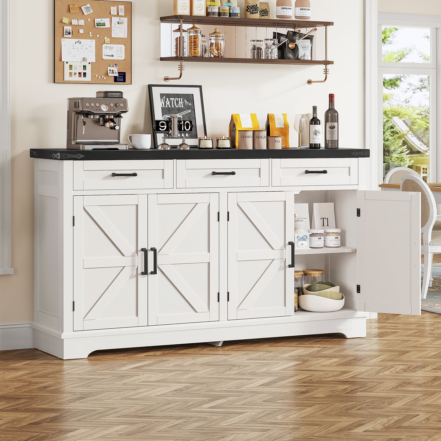 TEENFON 55”W Buffet Cabinet with 3 Large Drawers & 2 Adjustable Shelves, Modern Farmhouse Sideboard Buffet Cabinet with Storage, Credenza, Coffee Bar, White