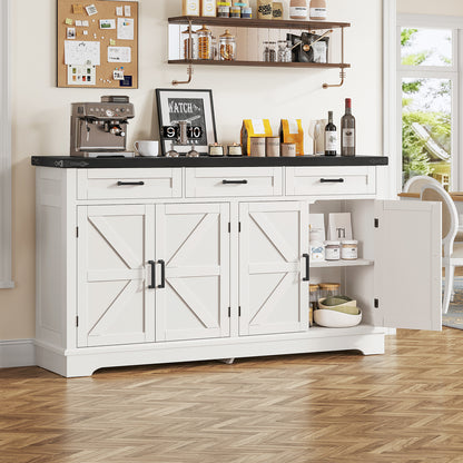 TEENFON 55”W Buffet Cabinet with 3 Large Drawers & 2 Adjustable Shelves, Modern Farmhouse Sideboard Buffet Cabinet with Storage, Credenza, Coffee Bar, White