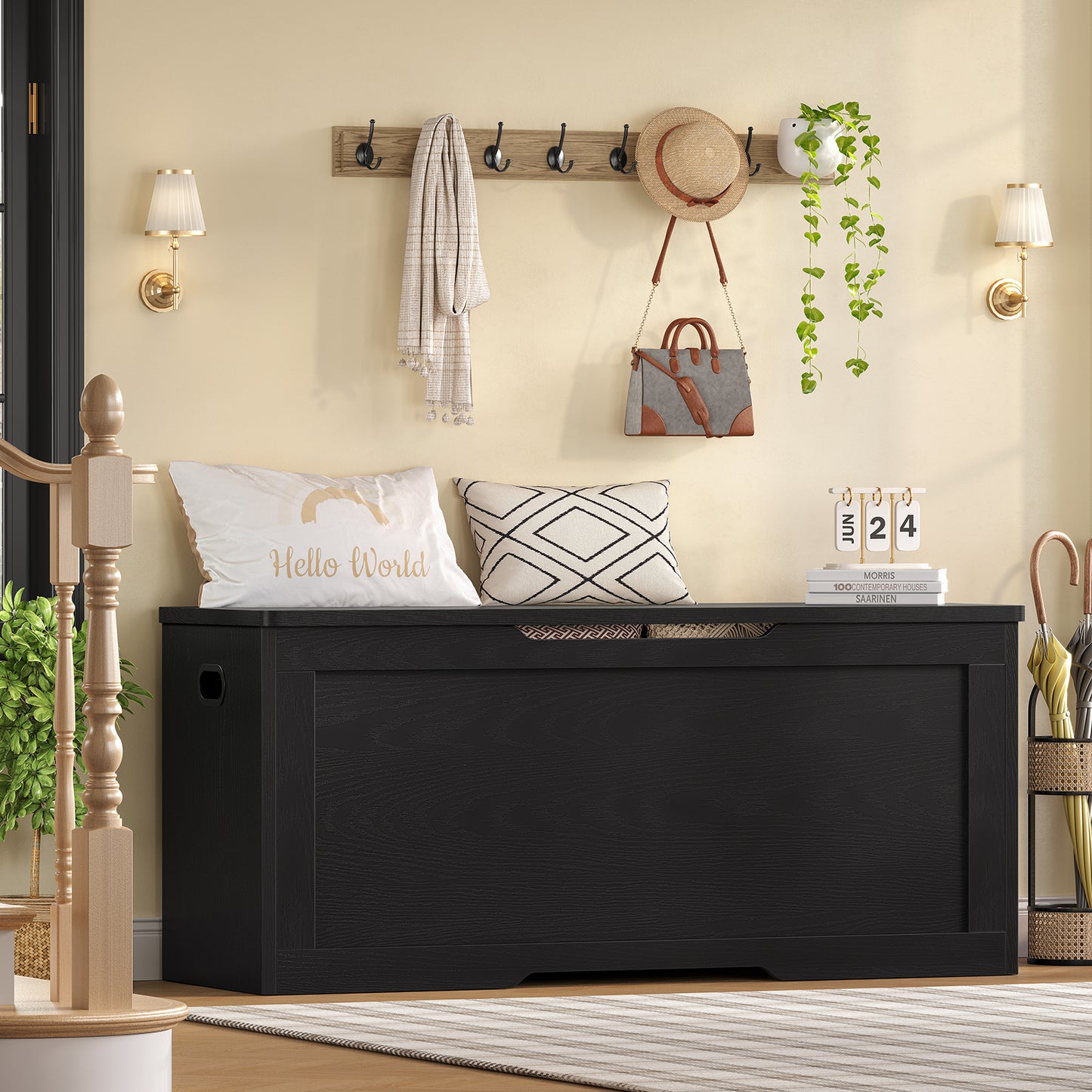 TEENFON 47.2" Large Storage Chest with Fabric Drawer, Toy Box with Safety Hinges, Extra Wide Storage Bench for Bedroom, Living Room, Entryway, Supports 300 lb, Black