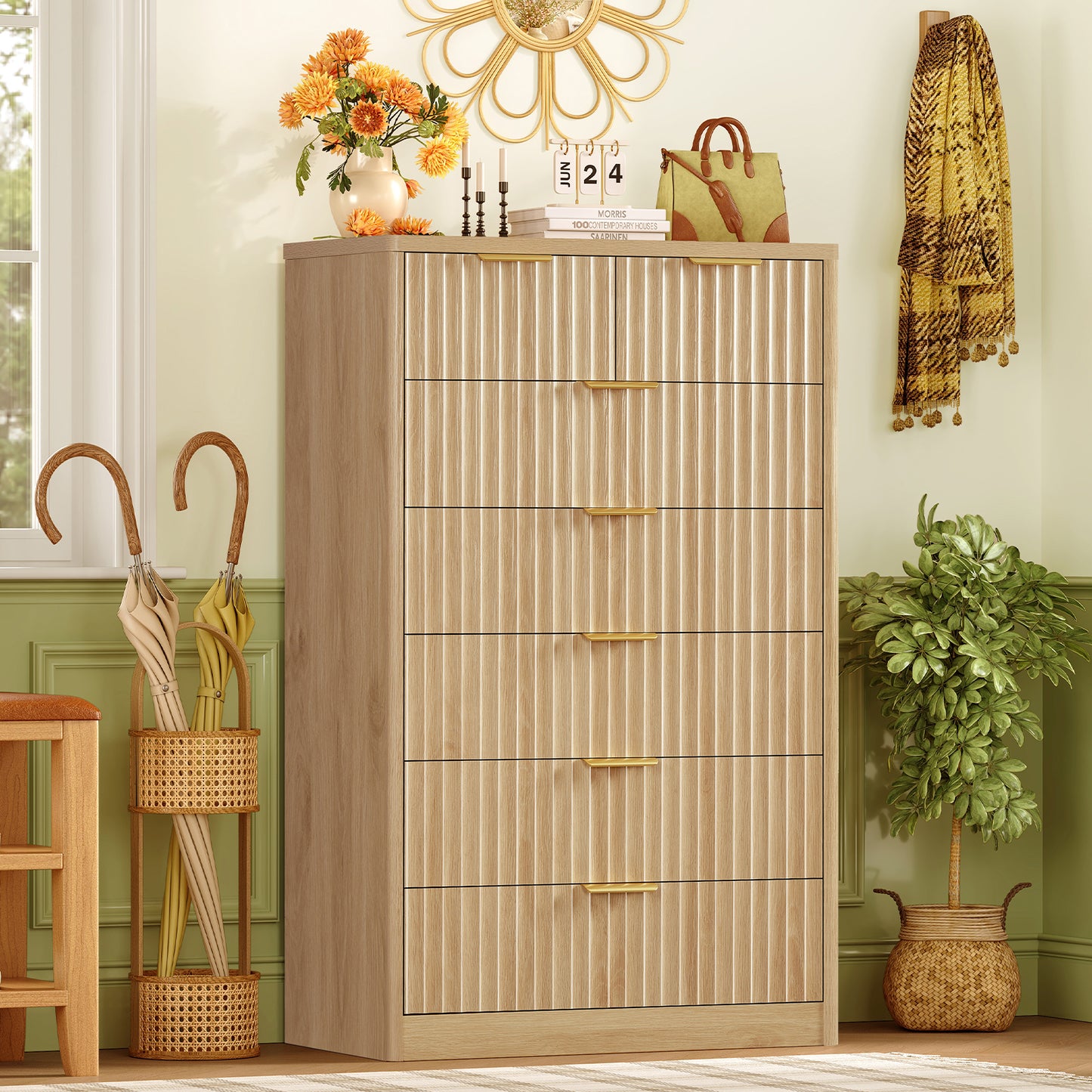 TEENOFN Fluted Dresser for Bedroom with 7 Drawers, 48" Tall Modern Chest of Drawers with Metal Handle, Wooden Dresser TV Stand, Wood Closet Clothes Storage Organizer for Living Room, Hallway, Natural