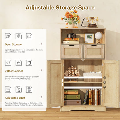 TEENFON Storage Cabinet with 2 Drawers & Adjustable Shelves, Rattan Cabinet, Kitchen Pantry Cabinets, Cupboard for Living Room, Kitchen, Home Office, Natural