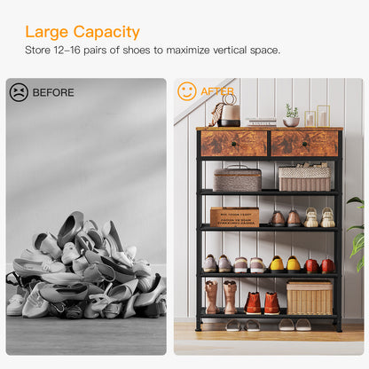 TEENFON Shoe Rack, 5 Tier Shoe Storage Organizer with 2 Drawers, Metal Shoe Shelf for 12-16 Pairs of Shoes, with 4 Oxford Fabric Shelves and Wooden Top, Shoe Stand for Closet Entryway, Rustic Brown