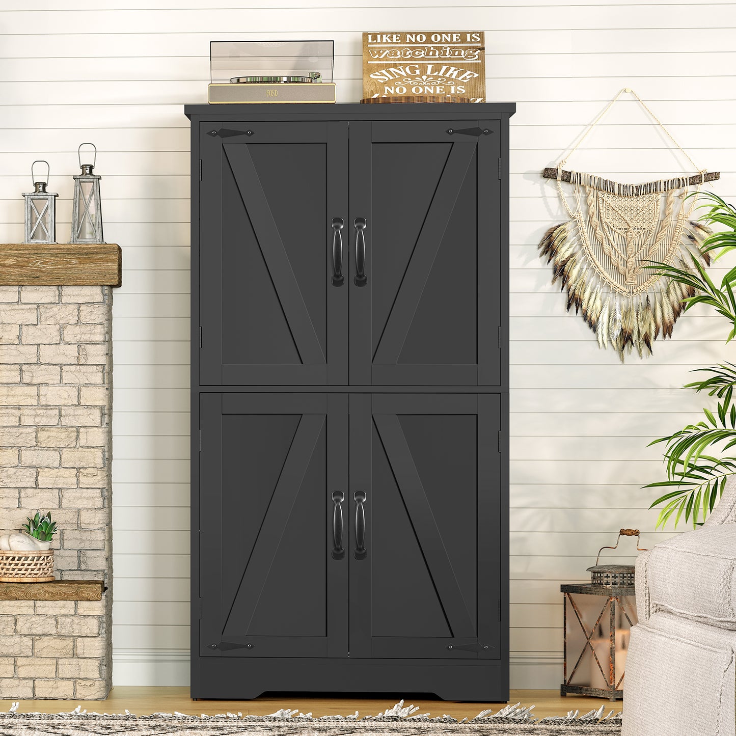 TEENFON Farmhouse Storage Cabinet with 2 Adjustable Shelves, Bathroom Cabinet with 4 Doors, Cupboard for Kitchen, Living Room, Rustic Gray