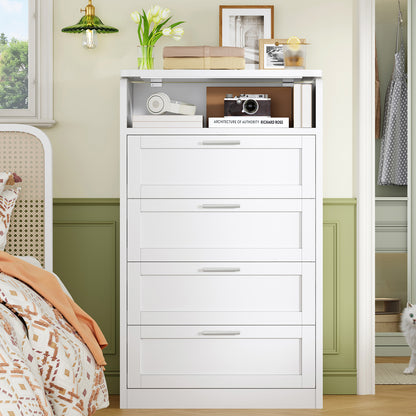TEENFON Dresser for Bedroom, Tall White Dresser with 4 Drawers, Dressers with Mirror, Chest of Drawers for Bedroom, Living Room, Closet, Hallway, White