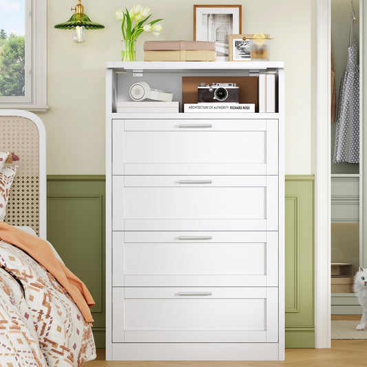 TEENFON Hohe Kommode mit Schminktisch-Spiegel, 4-Schubladen Kommode für Schlafzimmer/Wohnzimmer/Gang, Aufbewahrungsschrank mit Make-up-Spiegel, Multifunktionskommode & Organisator, Weiß