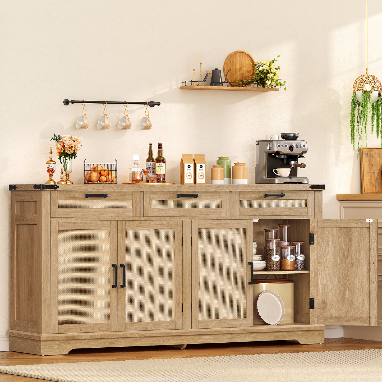 TEENFON 61" Farmhouse Buffet Cabinet with 2 Adjustable Shelves, Sideboard with 3 Drawers & 4 Doors, Rustic Storage Cabinet, Coffee Bar for Kitchen, Entryway, White