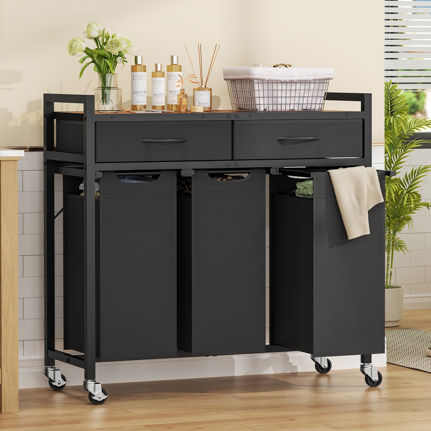 Laundry Sorter 3 Section, 120 L Laundry Hamper with 2 Drawers & 2-tone Top Panel, Rolling Laundry Basket Organizer with Pull-Out Removable Oxford Fabric Bags for Laundry Room Organization