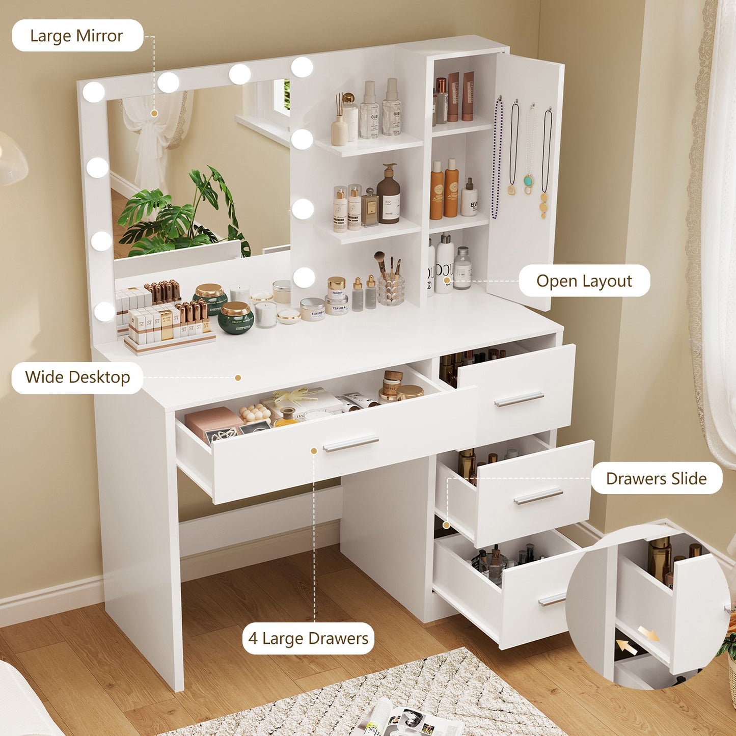 TEENFON Makeup Vanity with Lights, Vanity Desk with Mirror and 10 LED Lights, White Table with 4 Drawers, Cabinet & 4 Necklace Hooks, Dressing Table for Bedroom,Grils Vanity, White