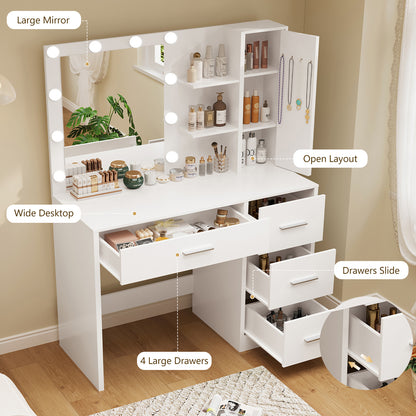 TEENFON Makeup Vanity with Lights, Vanity Desk with Mirror and 10 LED Lights, White Table with 4 Drawers, Cabinet & 4 Necklace Hooks, Dressing Table for Bedroom,Grils Vanity, White