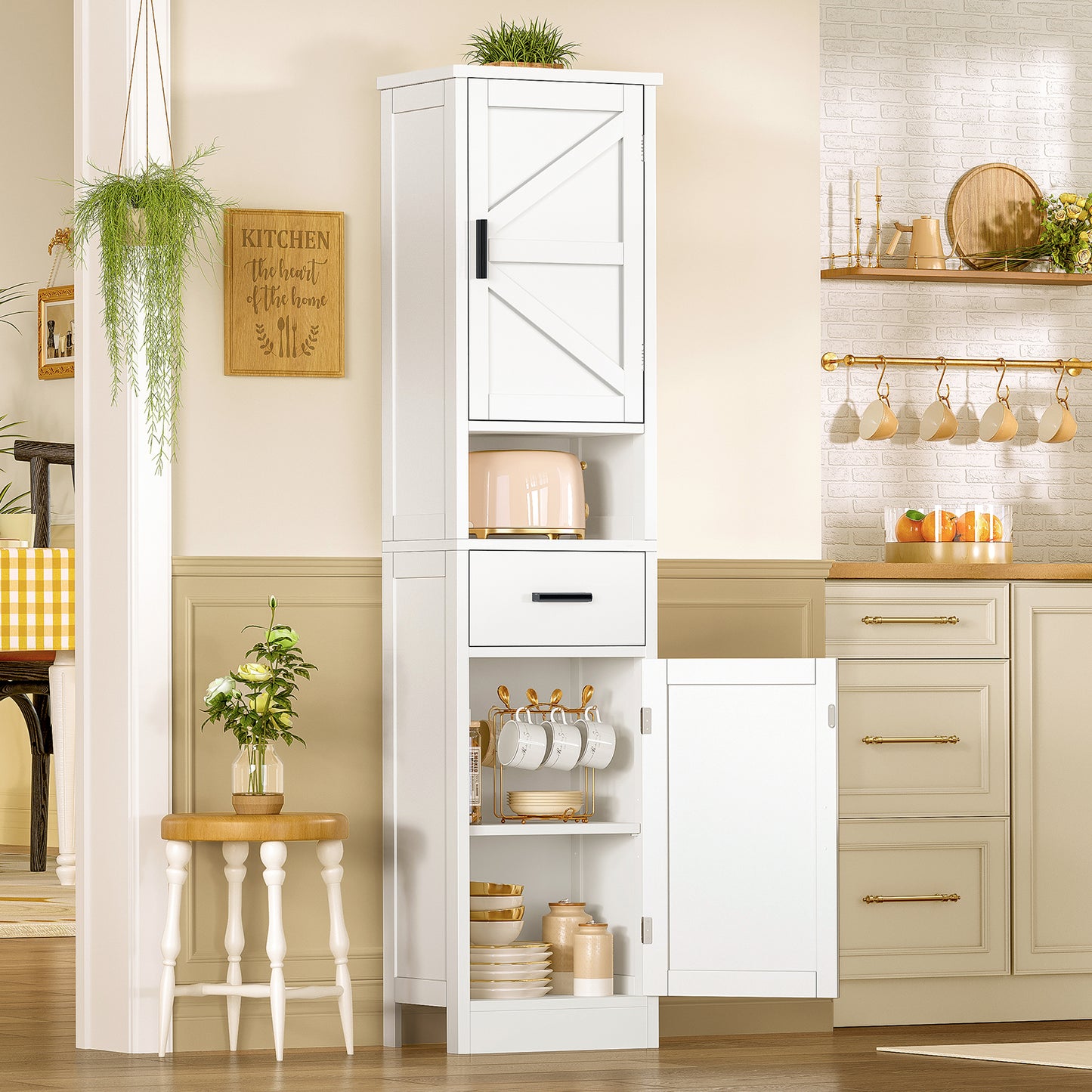 TEENFON Tall Bathroom Storage Cabinet with Barn Doors, Narrow Bathroom Cabinet with Drawer, Narrow Storage Unit, Adjustable Shelves, Floor Cabinets for Living Room, Entryway, Kitchen, White