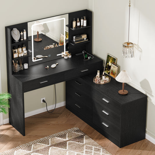 TEENFON Vanity Desk with LED Light Mirror & Power Outlet, 8 Drawers, 6 Storage Shelves, 3 Color Modes & Adjustable Brightness Makeup Vanity, Corner Vanity, L Shape Vanity, 39.4”-64.9" Desk, Black