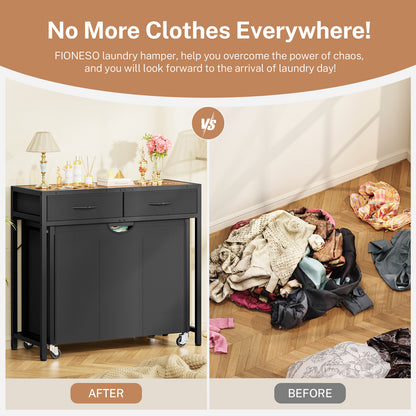 Laundry Sorter, Rolling Laundry Hamper with 3 Section Pull-Out Bags, Laundry Basket Organizer with 2 Drawers & 2-Tone Top Panel, Laundry Hamper with Wheels for Laundry Room Organization, Bathroom