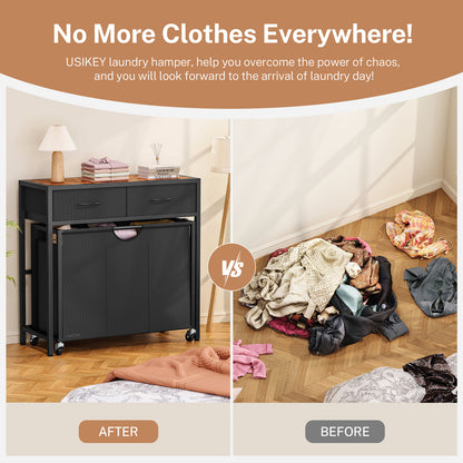 Laundry Sorter 3 Section with Tabletop & 2 Drawers, Rolling Laundry Hamper with Pull-Out and Removable Bags, Laundry Basket Organizer with Wheels and Shelf, Metal Frame Rustic Brown for Laundry Room